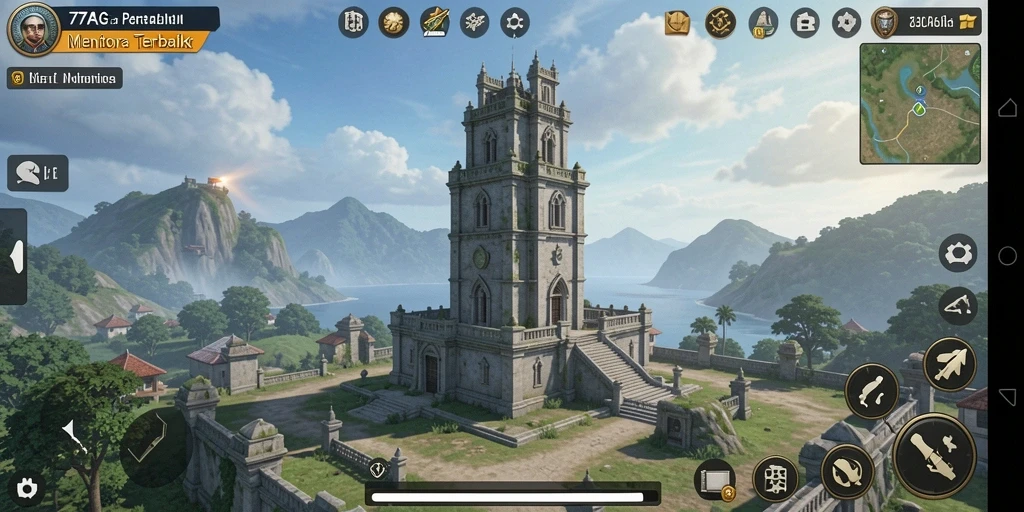 Screenshot 77AG menampilkan serangan musuh dan menara pertahanan yang kokoh.