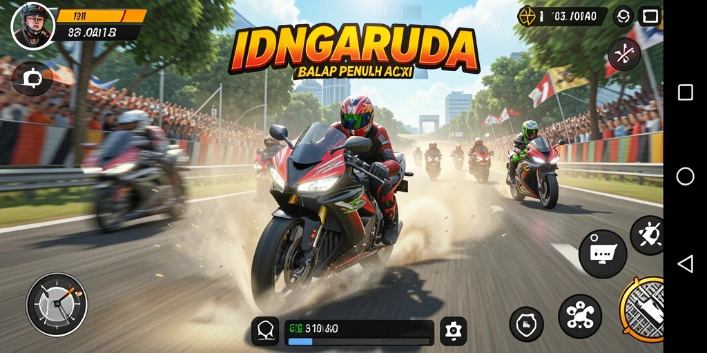 Screenshot utama IDNGARUDA menampilkan aksi balapan motor yang seru.